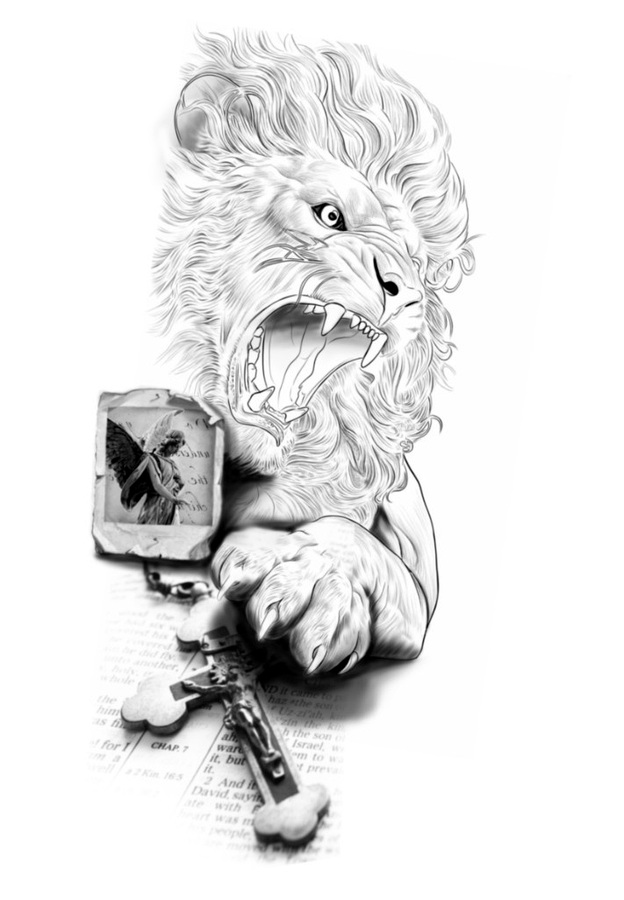 Black and grey flash design of a roaring lion above a crucifix, rosary, and scripture