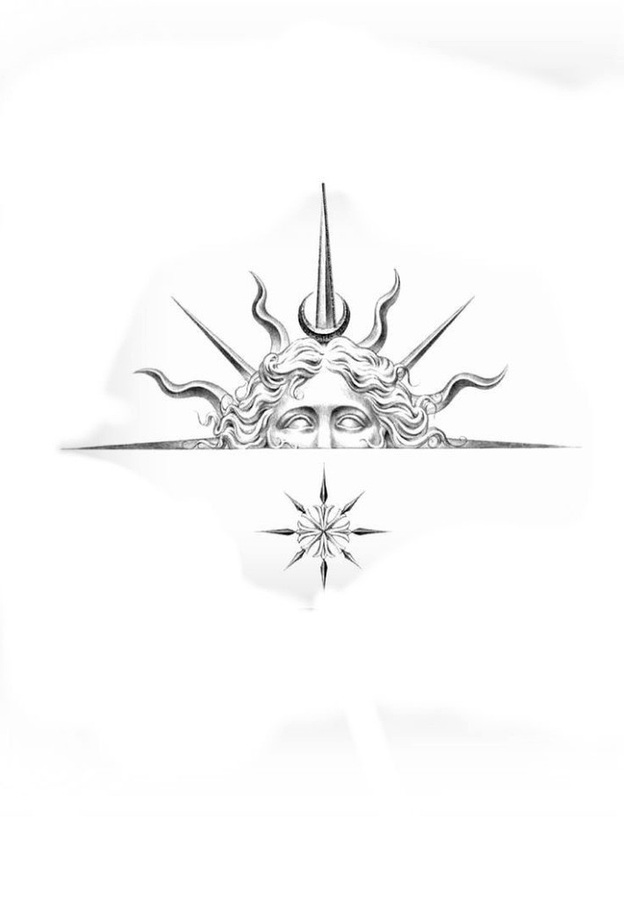 Fine-line flash design of a celestial face crowned with sun rays and crescent moon above an eight-pointed star