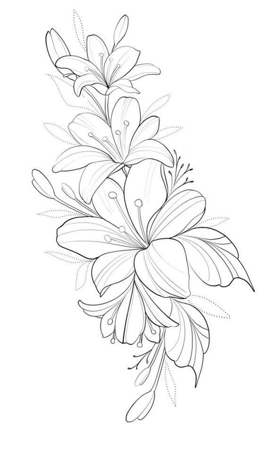 Fine-line flash design of a vertical cluster of lilies with buds and leaves