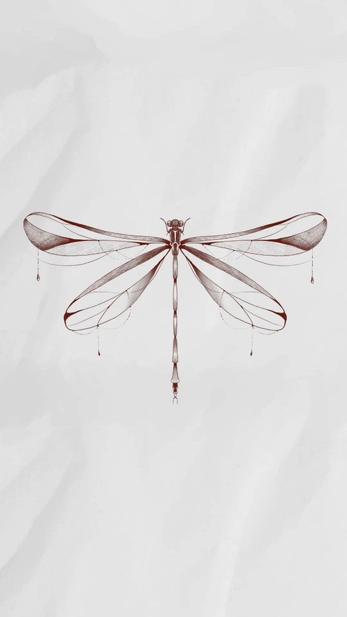 Ornamental fine-line flash design of a dragonfly with dangling teardrop accents