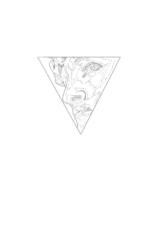 Fine-line flash design of Michelangelo's David face framed in an inverted triangle