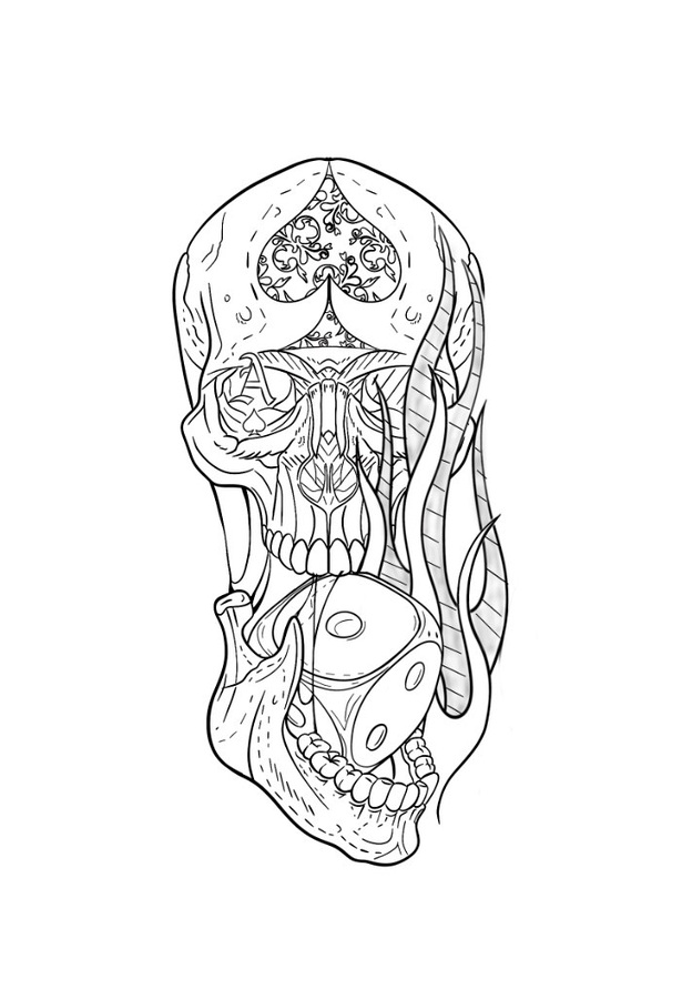 Line art flash design of a skull biting a die with an ace of spades on its forehead