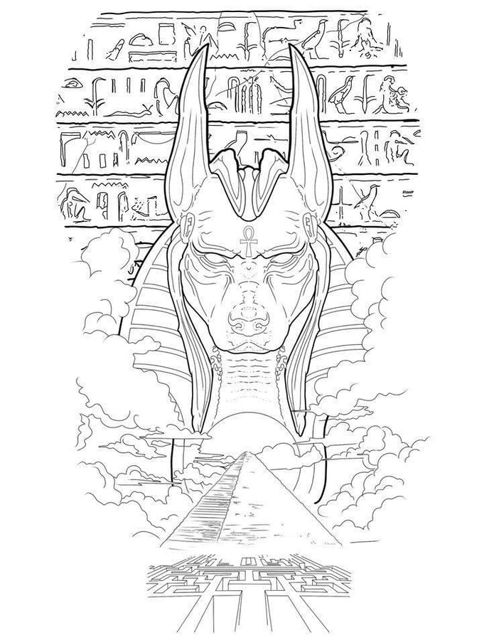 Fine-line flash design of Anubis above hieroglyphs, a sun, stairs, and a labyrinth