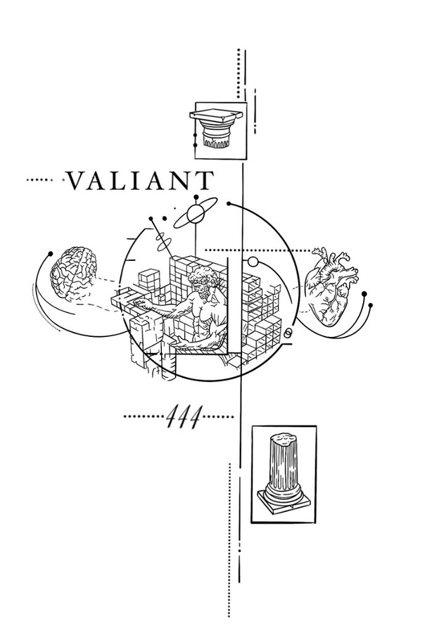 Fine-line flash design titled Valiant with a classical builder, anatomical brain and heart, and the number 444