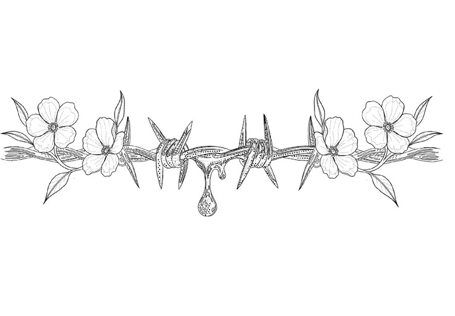 Fine-line flash design of barbed wire intertwined with wildflowers and a central drip