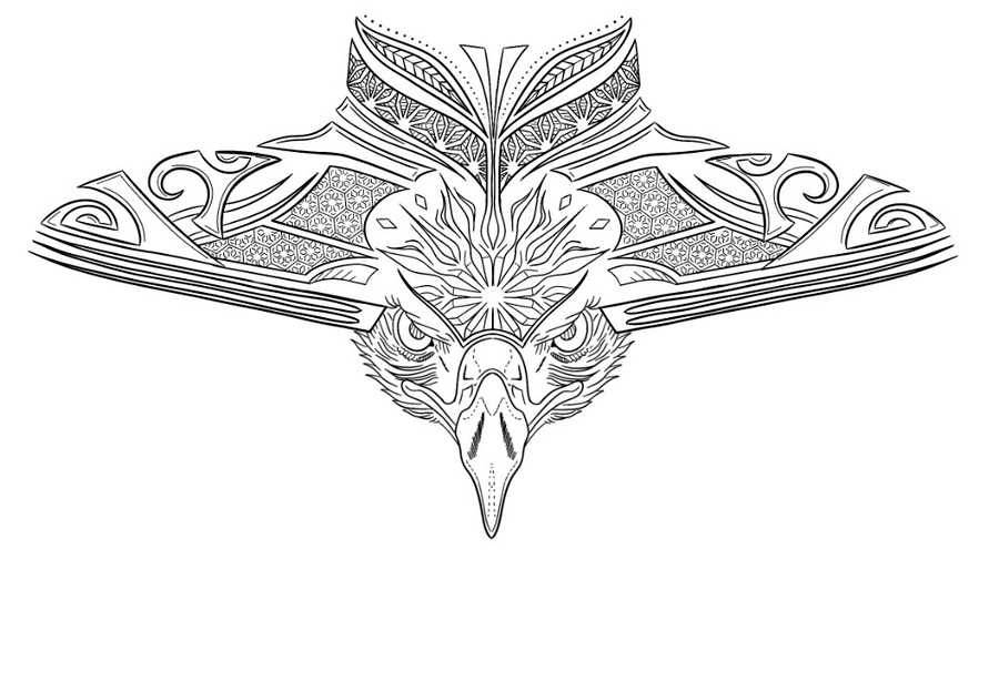 Ornamental flash design of an eagle head crowned with sacred geometry and tribal wings