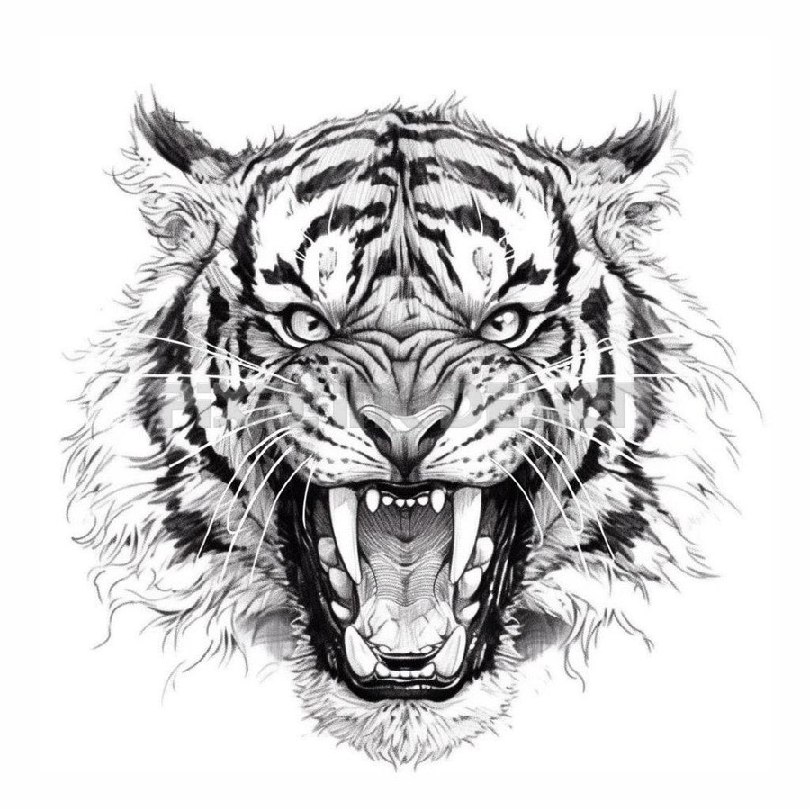 Black and grey flash design of a roaring tiger head with bared teeth