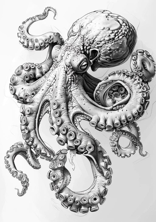 Black and grey flash design of a detailed octopus with curling tentacles and stippled shading