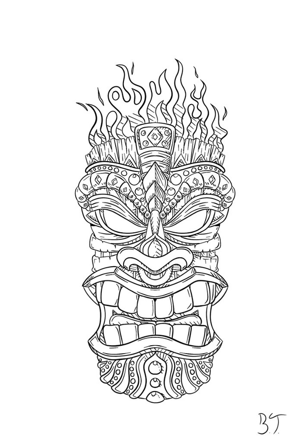 Line art flash design of a fierce Polynesian tiki mask crowned with stylized flames