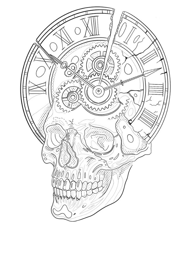 Line art flash design of a skull merged with a broken Roman numeral clock and exposed gears