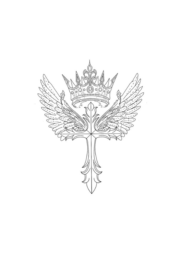 Fine-line flash design of a decorative cross flanked by feathered wings and topped with a crown