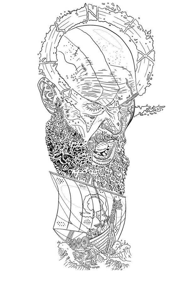 Fine-line flash design of Kratos above a Viking longship with an omega sail