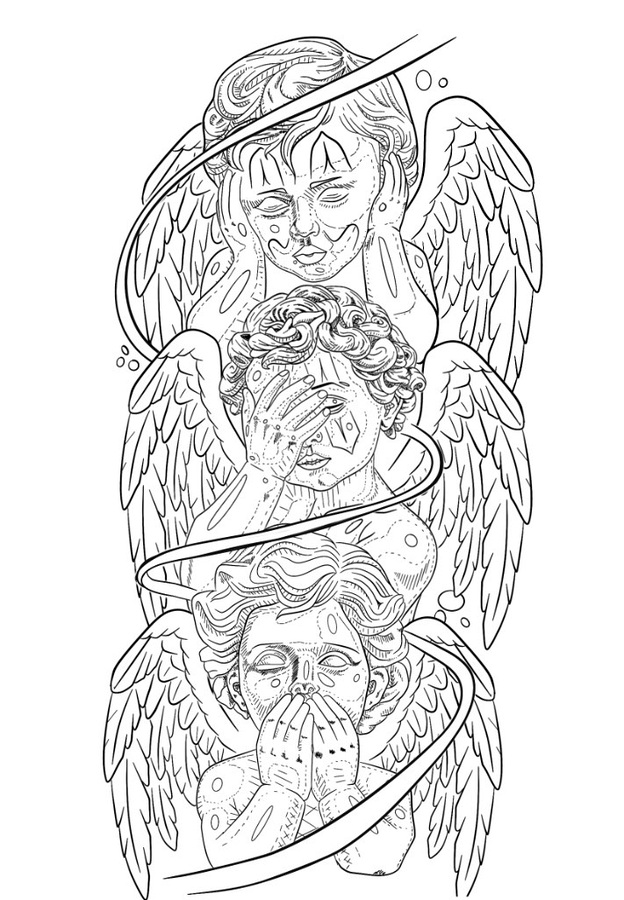 Fine-line flash design of three cherubs stacked vertically in hear no evil, see no evil, speak no evil poses