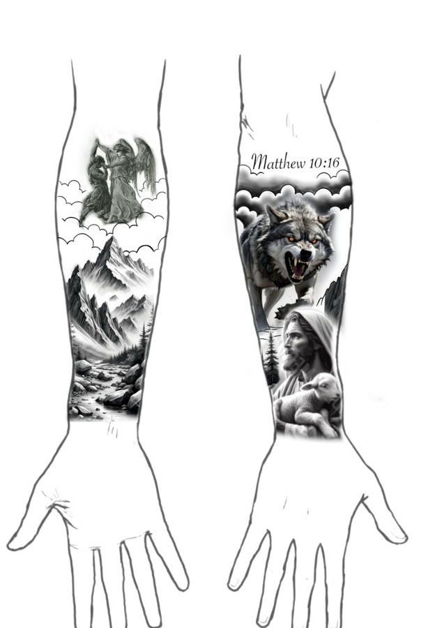 Custom forearm flash concepts showing Jacob wrestling an angel and Matthew 10:16 with a wolf and the Good Shepherd