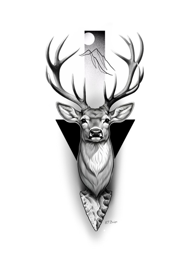 Black and grey flash design of a stag with geometric moon and mountain frame above a stone arrowhead