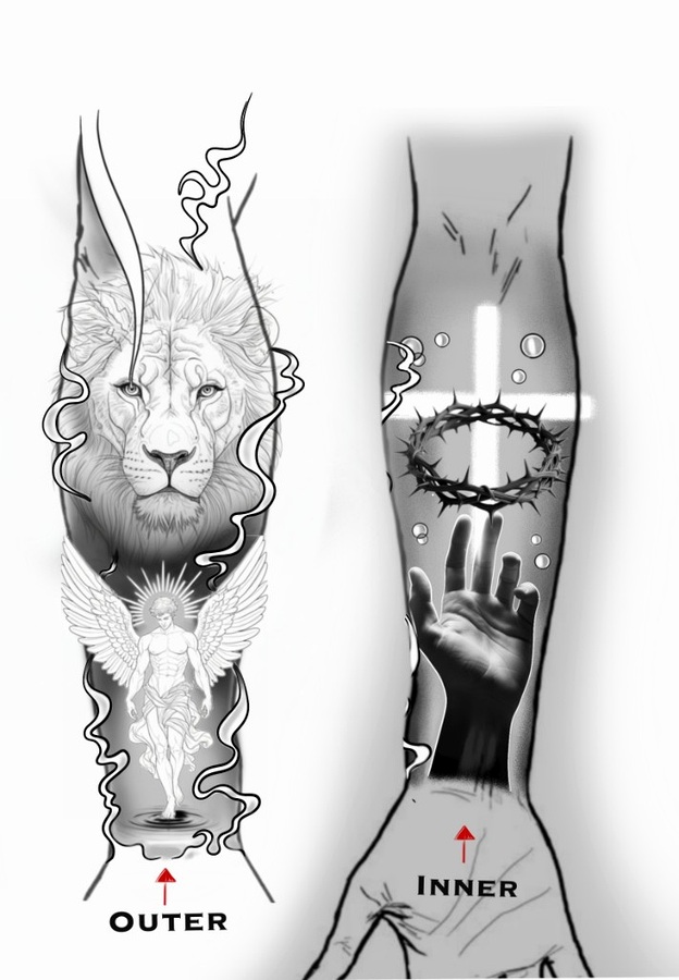 Custom sleeve flash showing a lion and angel on the outer arm and a cross, crown of thorns, and reaching hand on the inner arm
