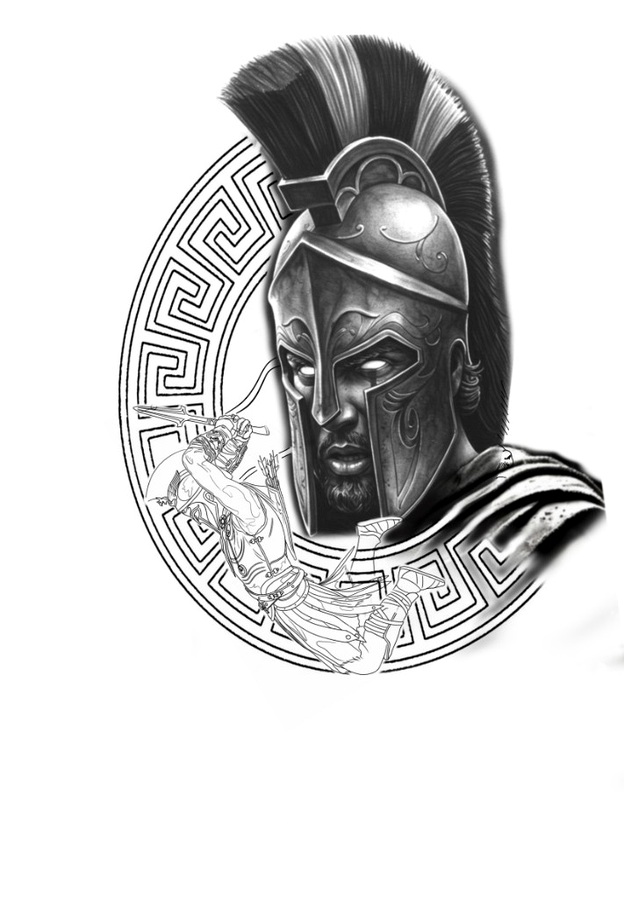 Black and grey flash design of a Spartan warrior in a Corinthian helmet within a Greek key circle