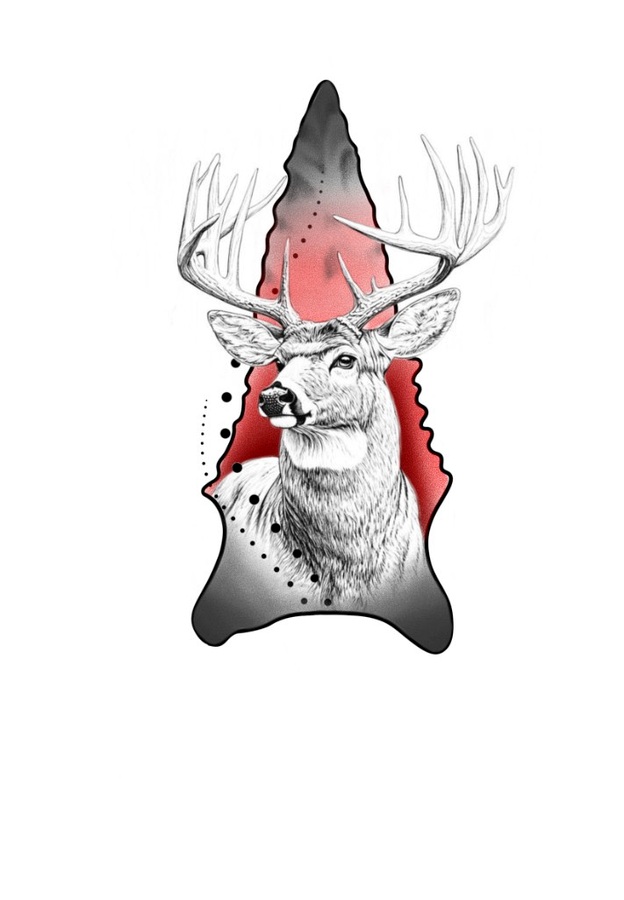 Illustrative flash design of a buck portrait framed by a red and charcoal gradient arrowhead